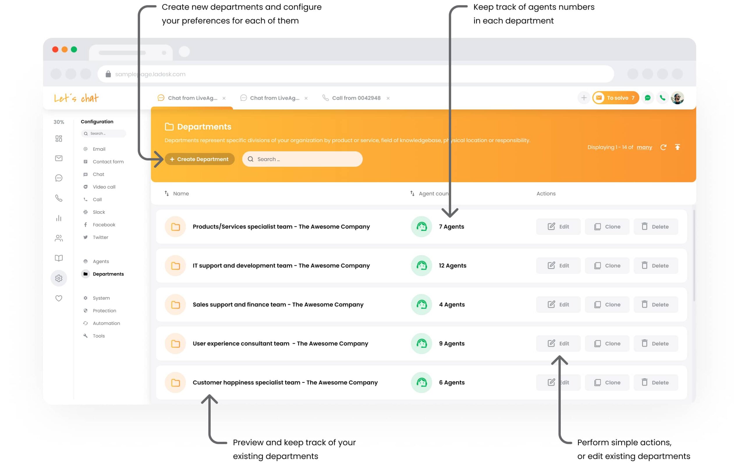LiveAgent departments overview showing team structure and organization