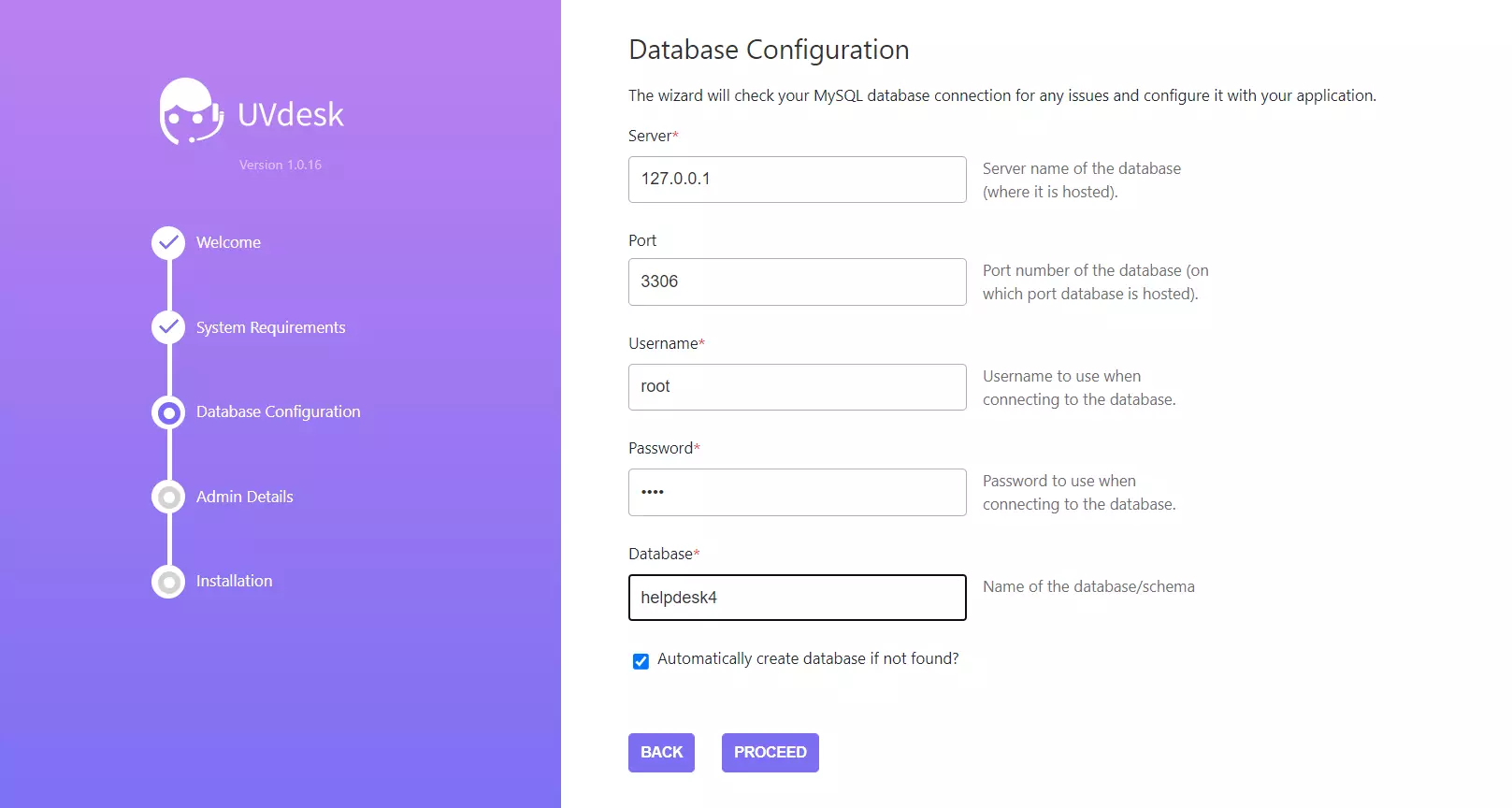 Isang halimbawa ng installation wizard ng UVdesk