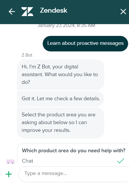Image shows how the Zendesk's live chat conversation looks like