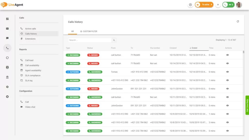 Overview ng call center interface sa LiveAgent.