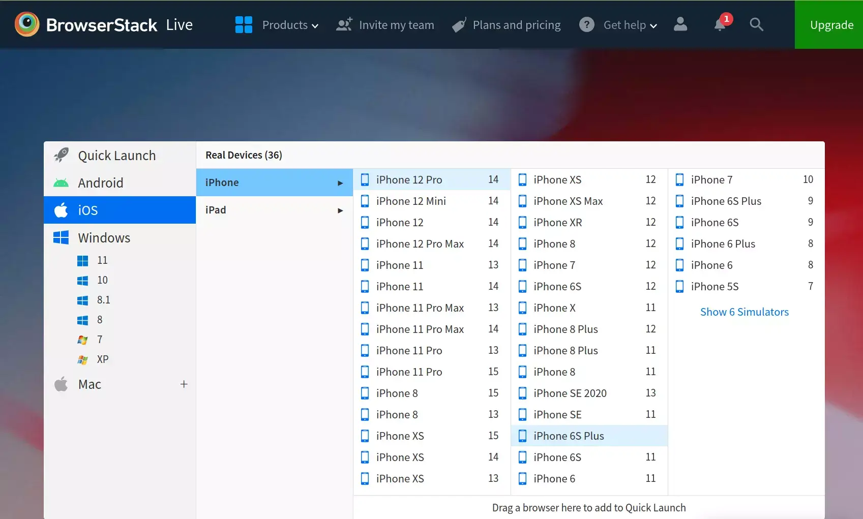 Ang BrowserStack ay gumagaya ng maraming mobile platform at operating system version