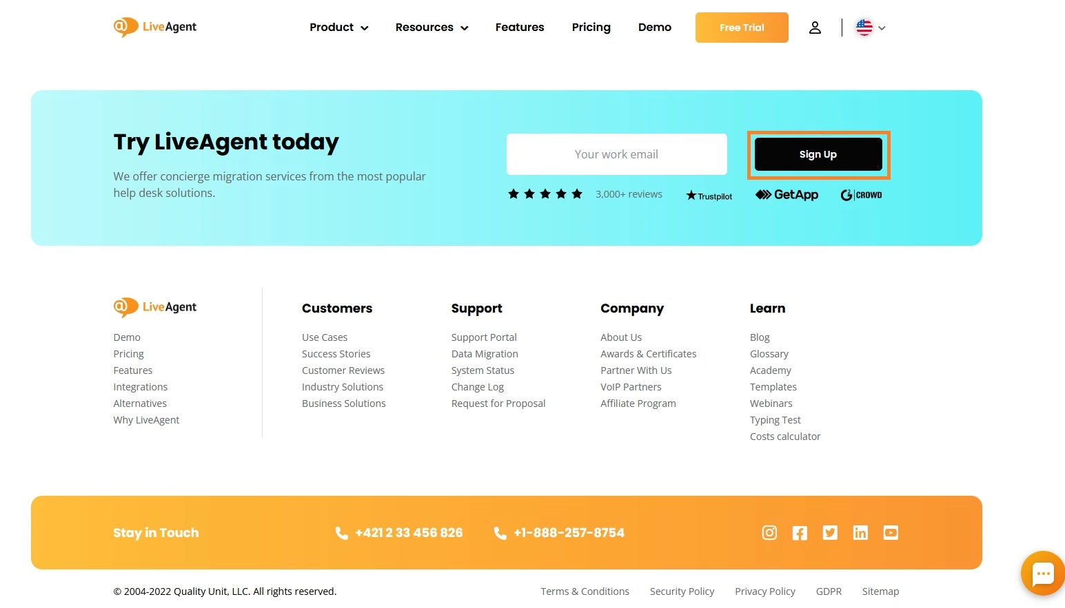 LiveAgent's sign-up option