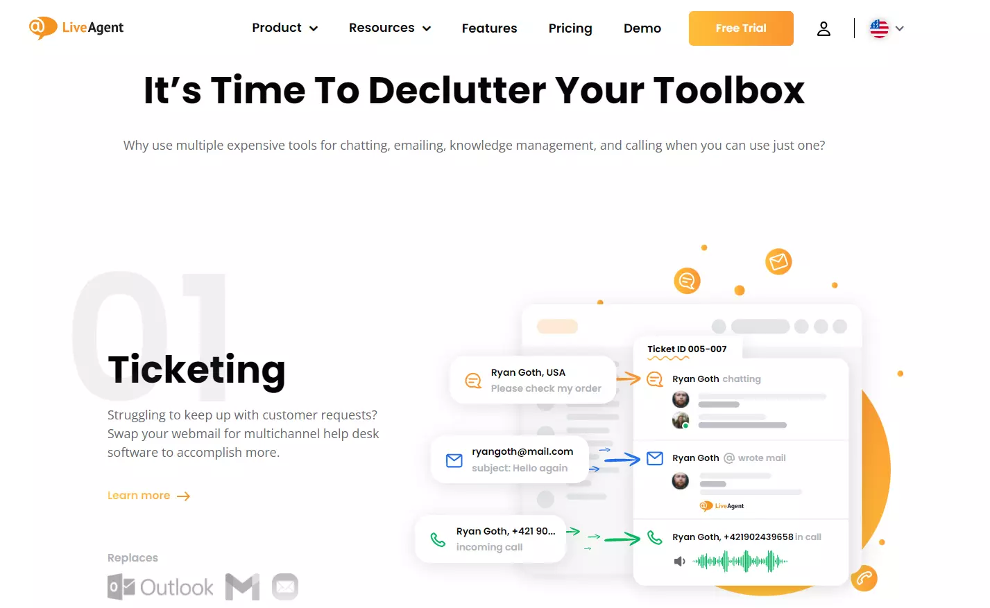 LiveAgent's tour page - ticketing