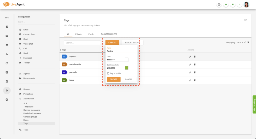 Lumilikha ng custom tags sa LiveAgent