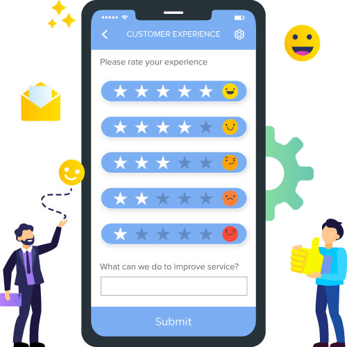 Ang larawan ay nagpapakita kung paano magkolekta ng feedback sa pamamagitan ng simpleng customer ratings at pagtatanong ng mga suggestions upang mapabuti ang serbisyo.