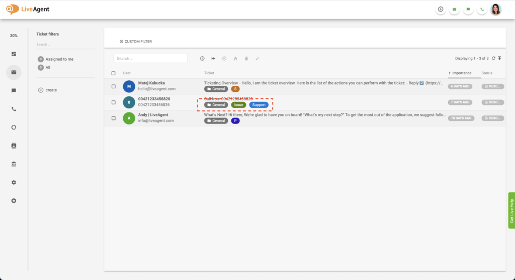 Image shows different tags related to a customer ticket in the universal inbox