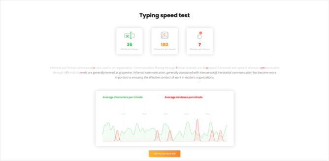 Screenshot ng LiveAgent's Typing speed tool na may resulta