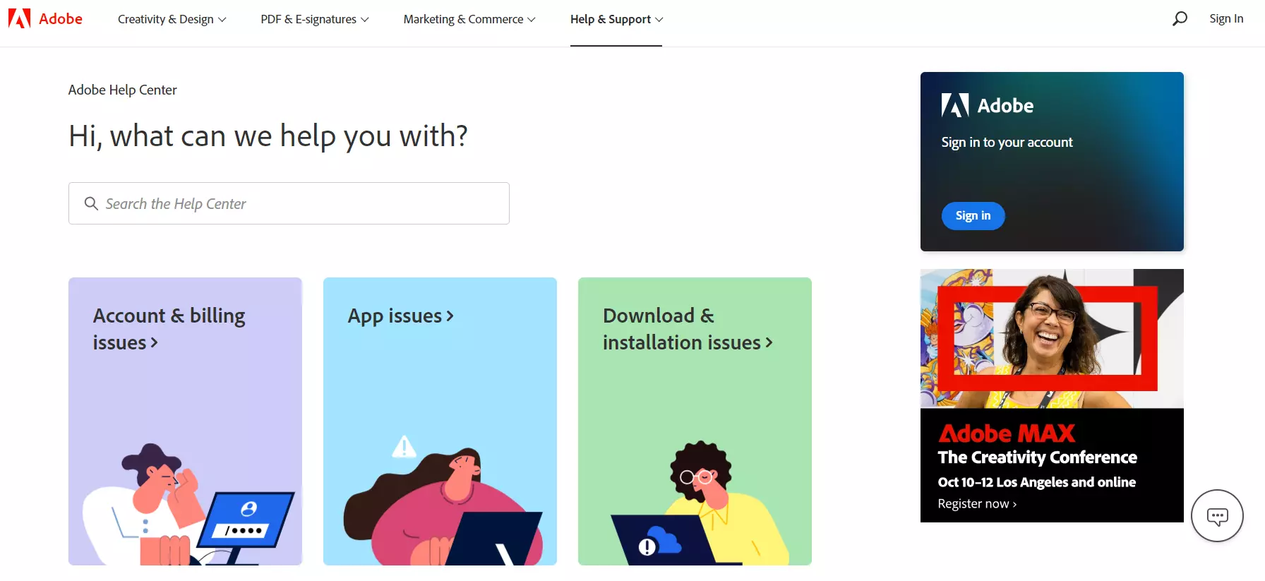 Adobe knowledge base landing page, showing their knowledge management system.
