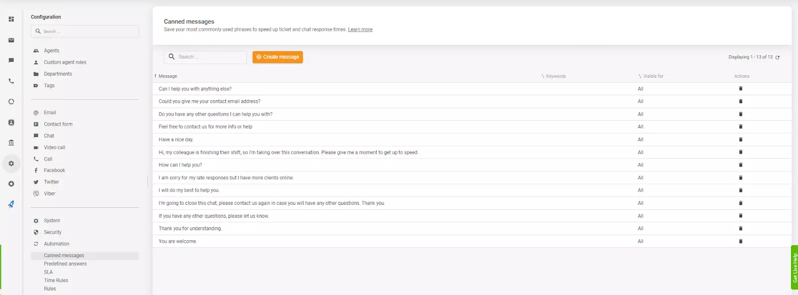 Canned responses under Automations in LiveAgent agent UI