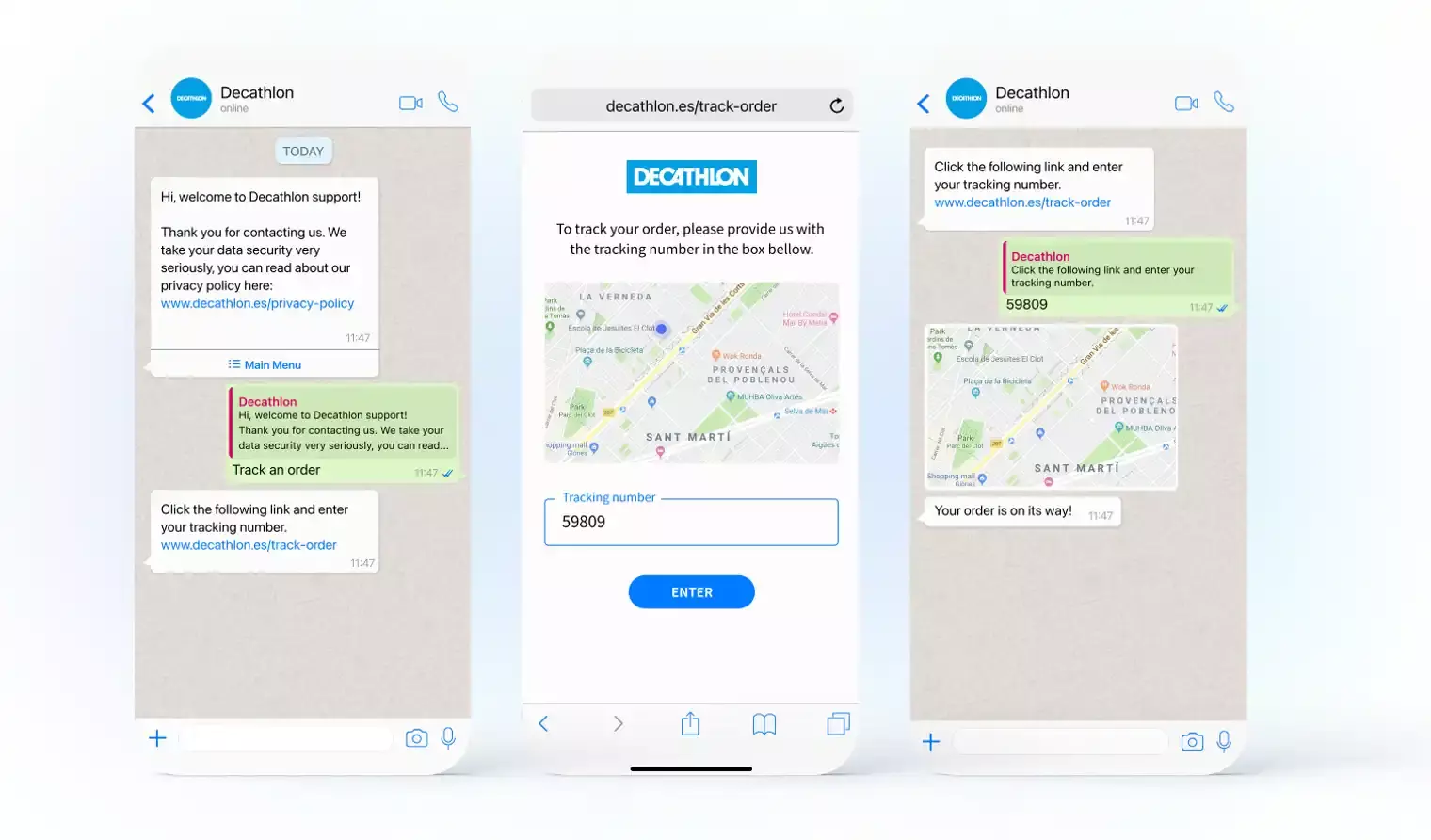 Decathlon live chat capabilities through WhatsApp for tracking orders