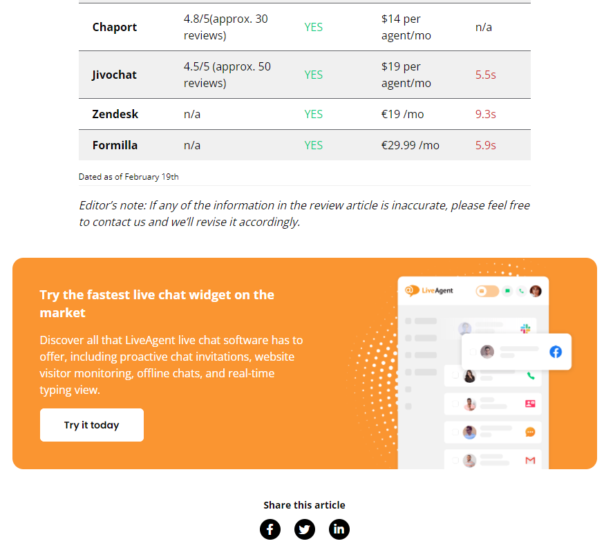 LiveAgent's End-of-content CTA