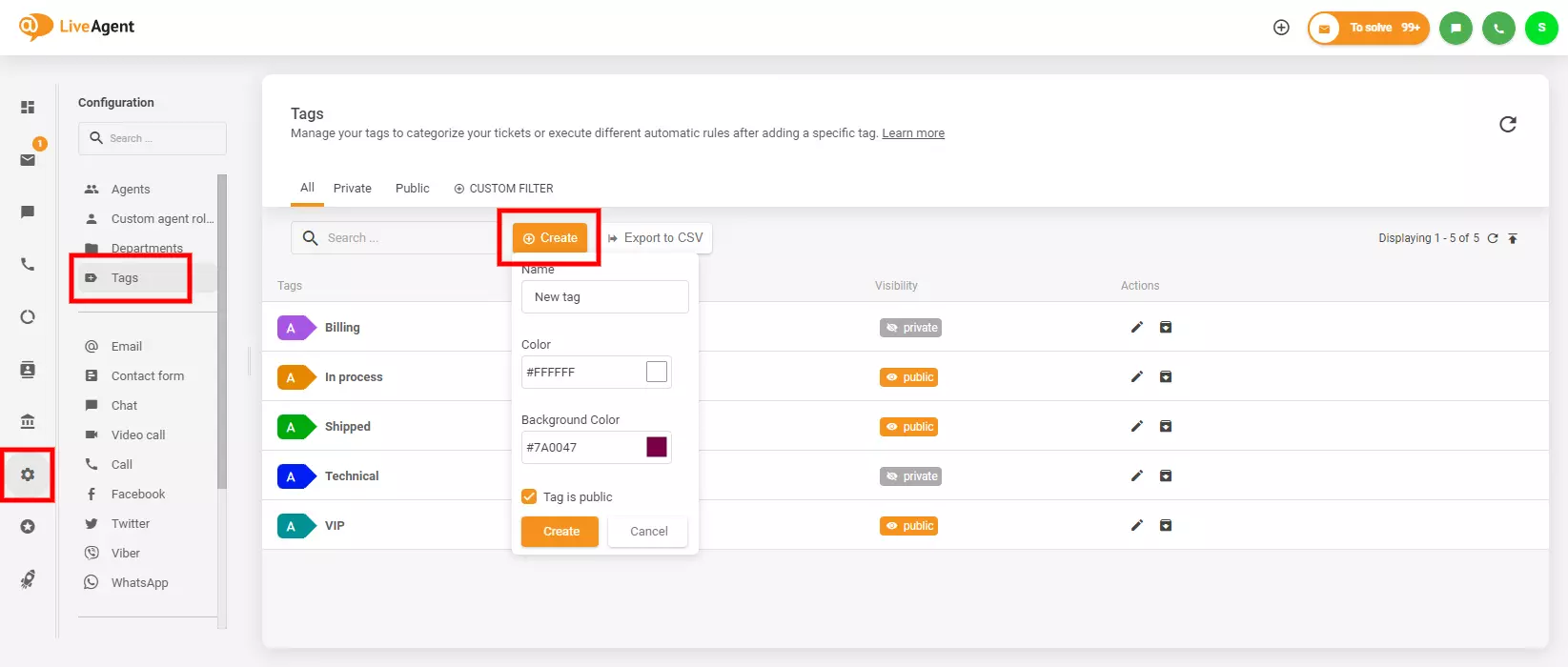 Image shows where to find and create tags in LiveAgent