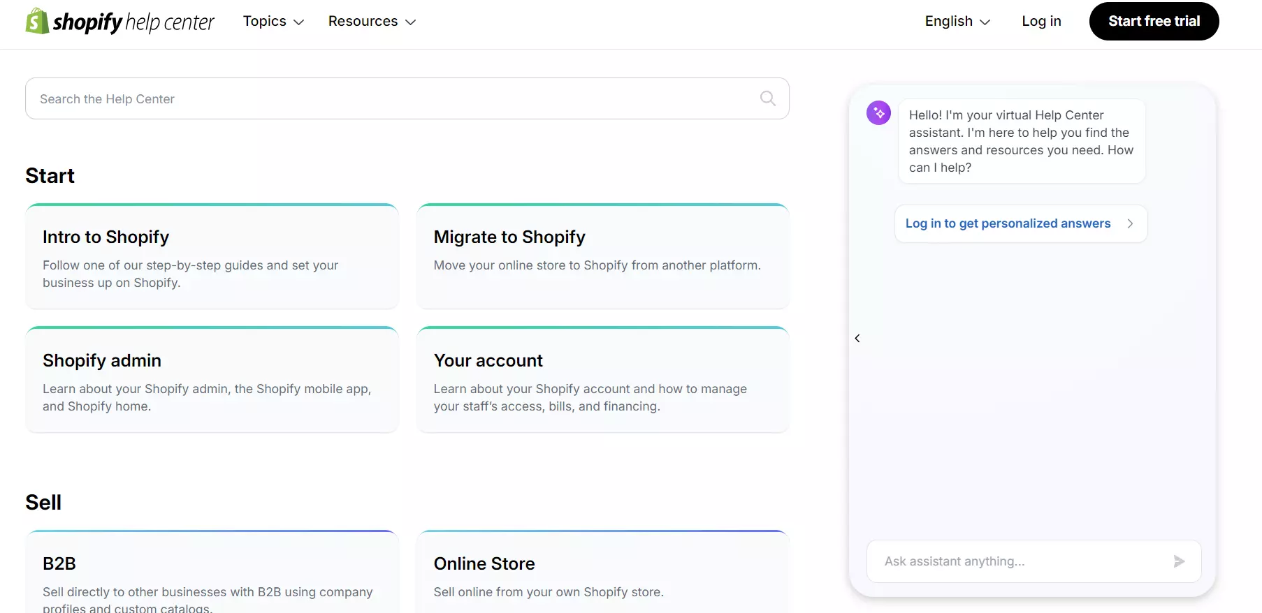 Shopify homepage with their chatbox using a chatbot