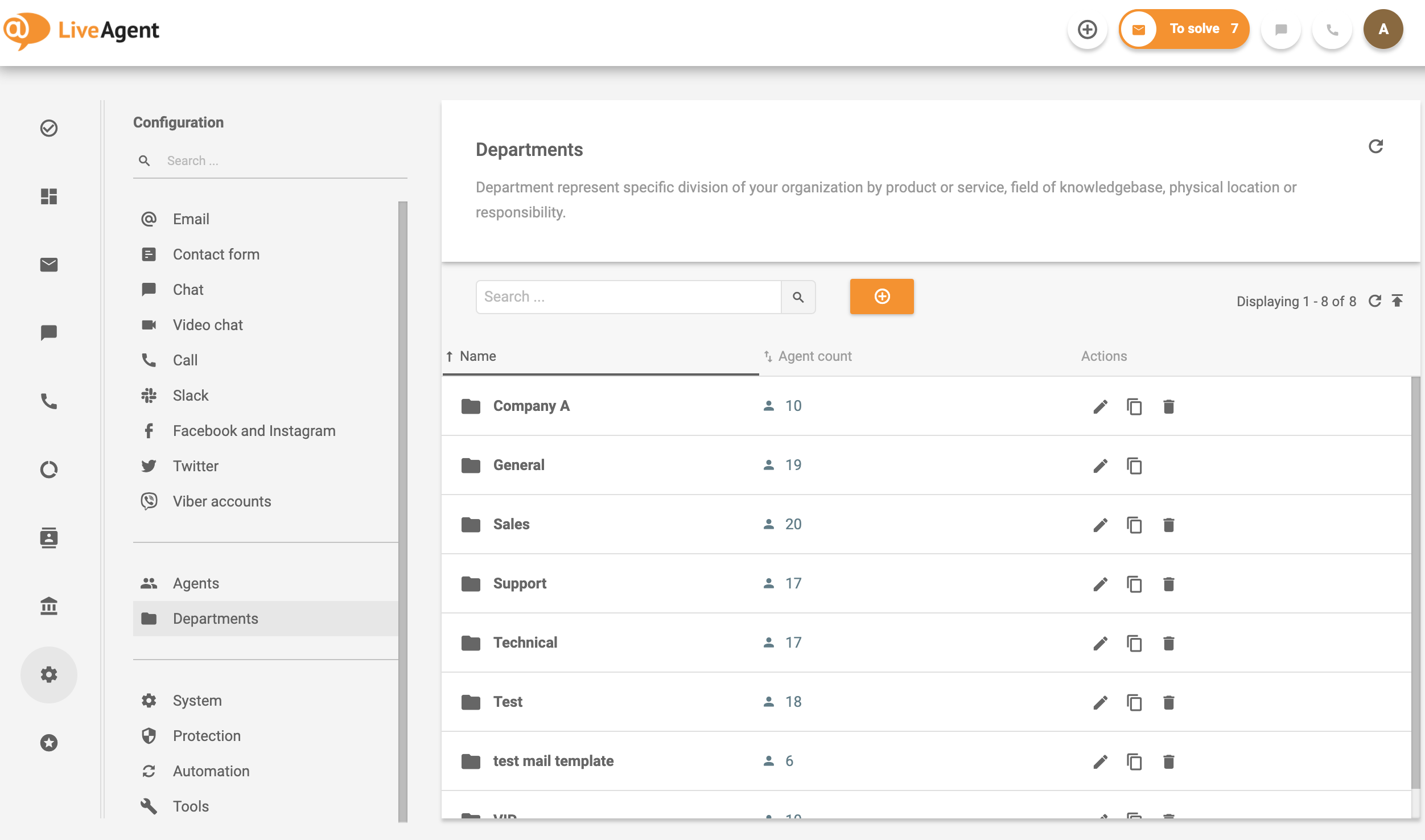 Departments sa LiveAgent