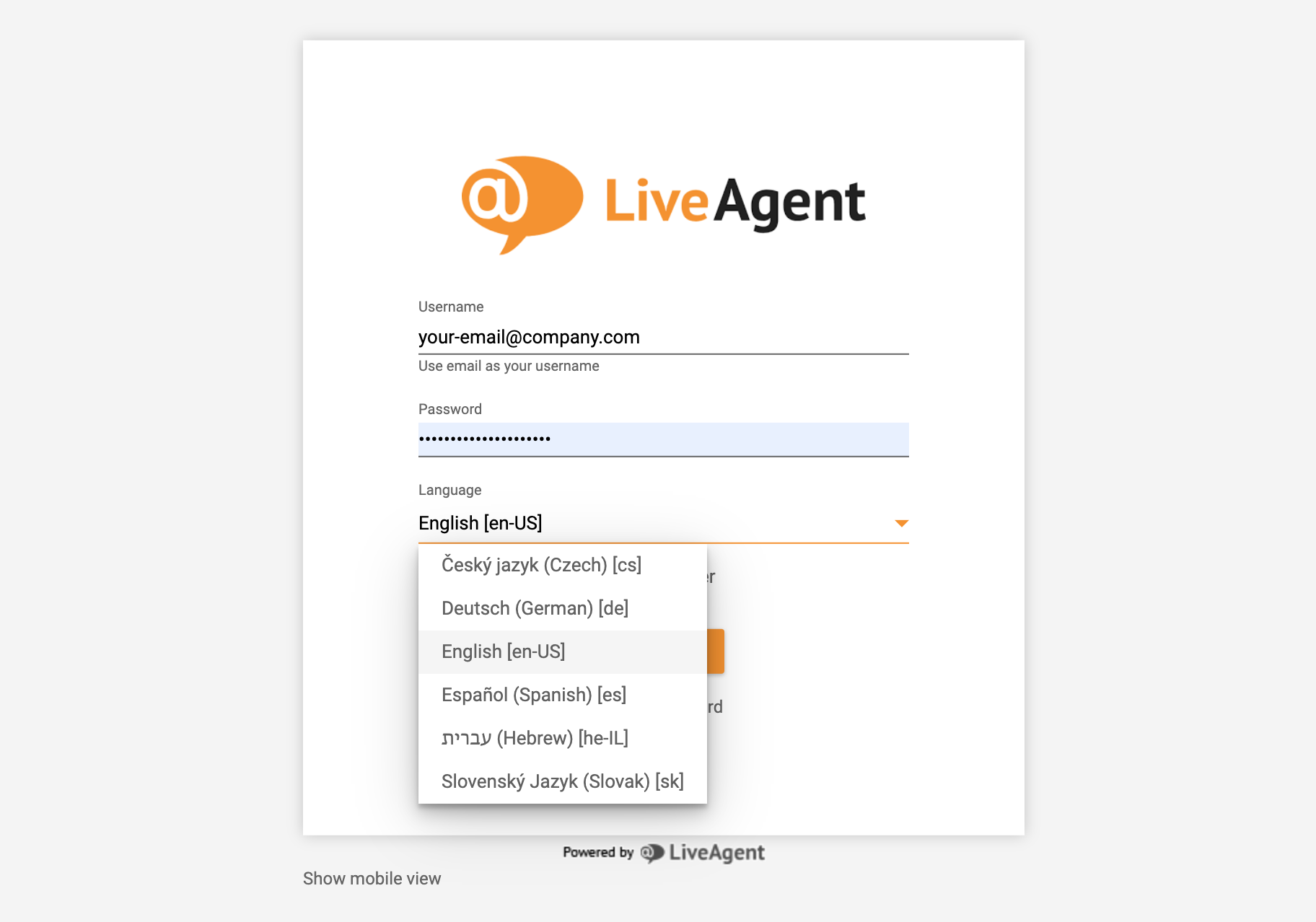 LiveAgent login - language choice