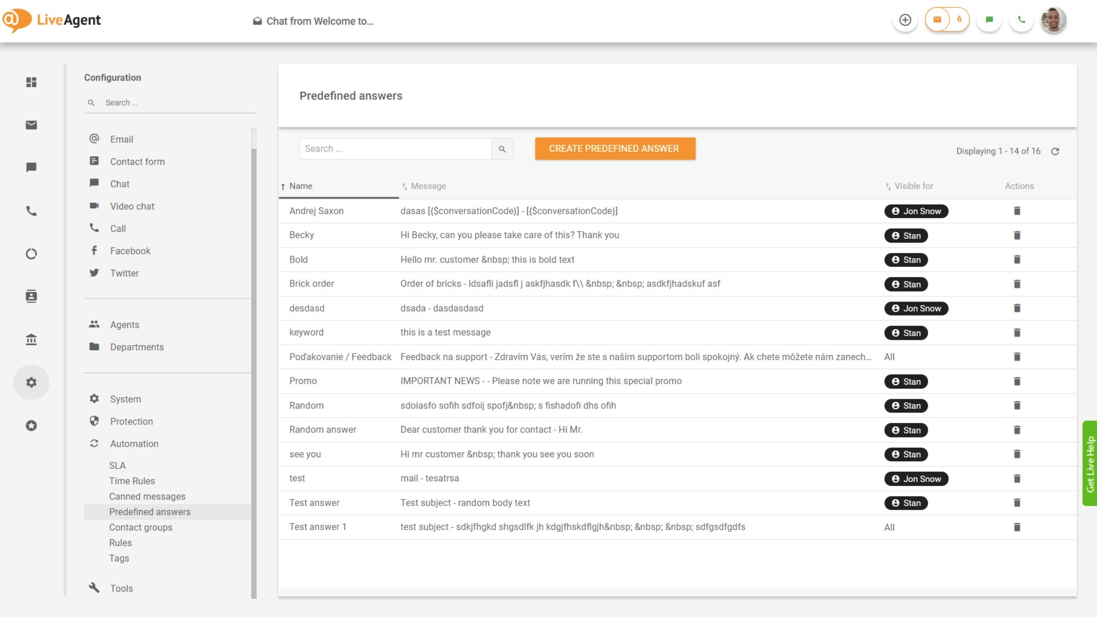 LiveAgent – Predefined answers Overview