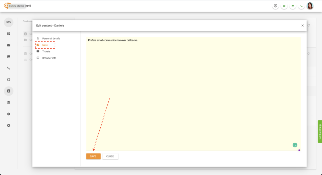 Save contact note sa LiveAgent