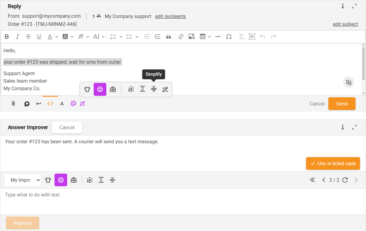 Simplify function AI Answer Improver - interface overview
