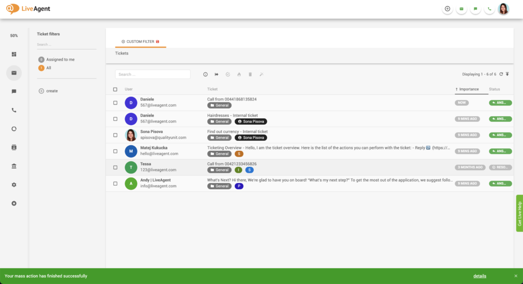 Successful mass action notification