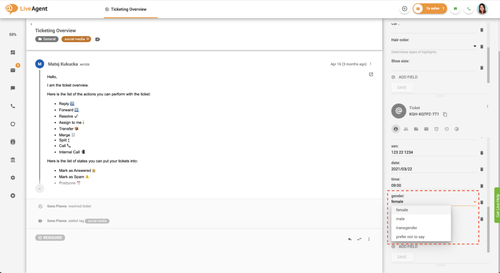Ticket fields listbox example