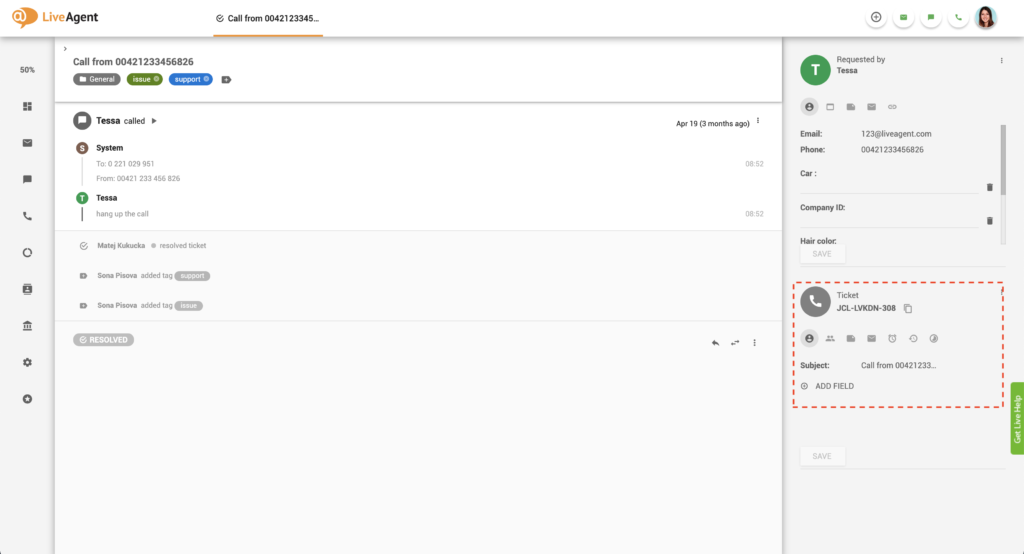 Ticket info panel sa LiveAgent