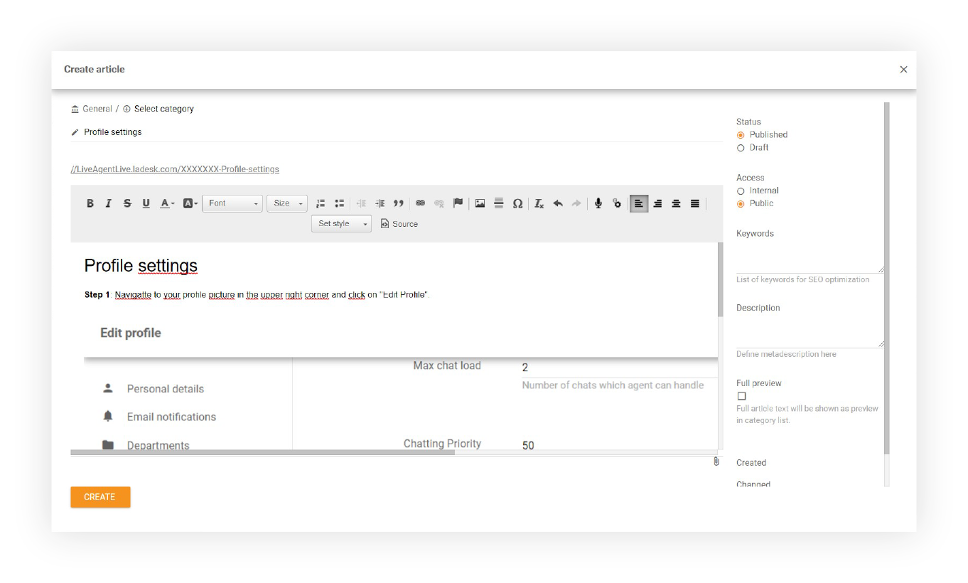 WYSIWYG Editor for Knowledge Base Articles