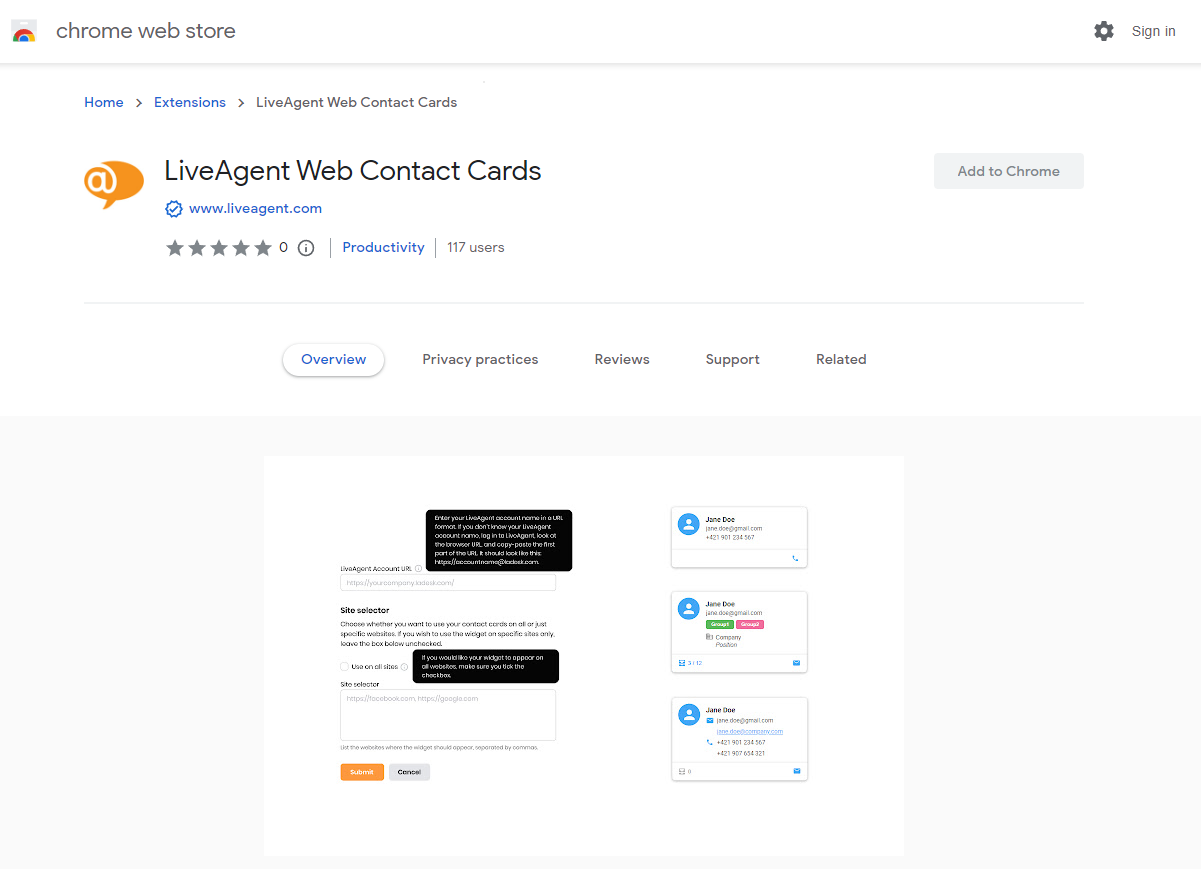 Web contact cards extension sa Chrome browser