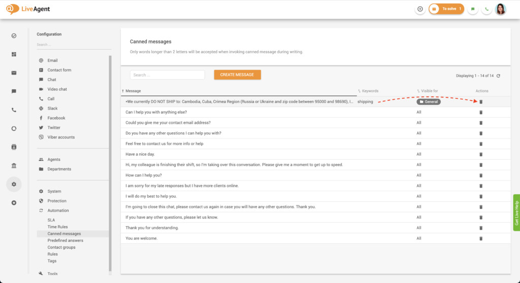 Pag-delete ng isang naka-canned na mensahe