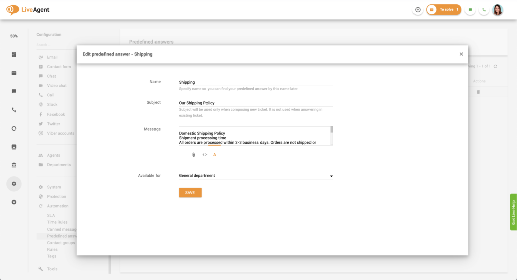Editing predefined answers in LiveAgent