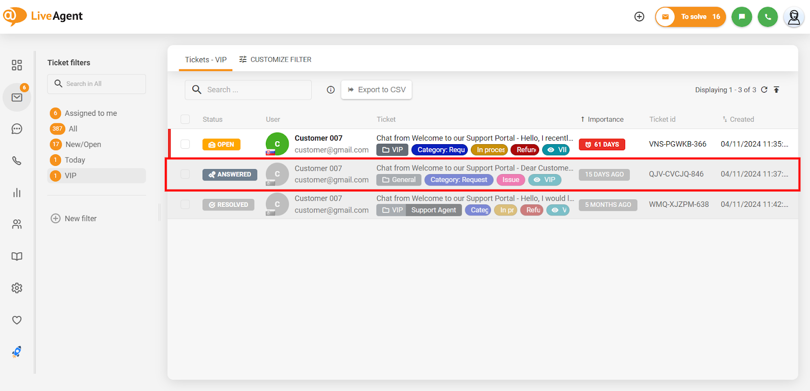 LiveAgent interface na nagpapakita ng mga hakbang upang mag-export ng isang conversation log