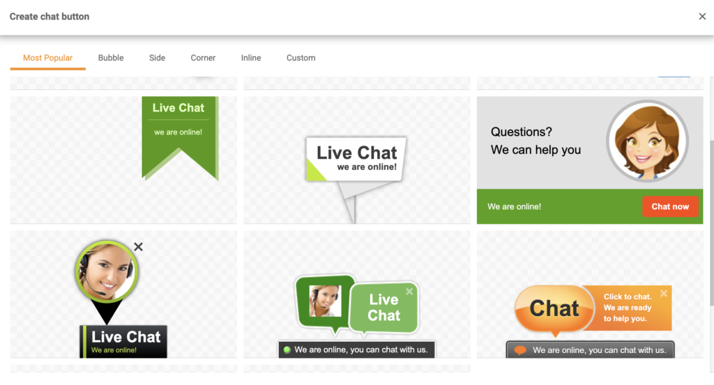 Chat button gallery sa Create chat button options
