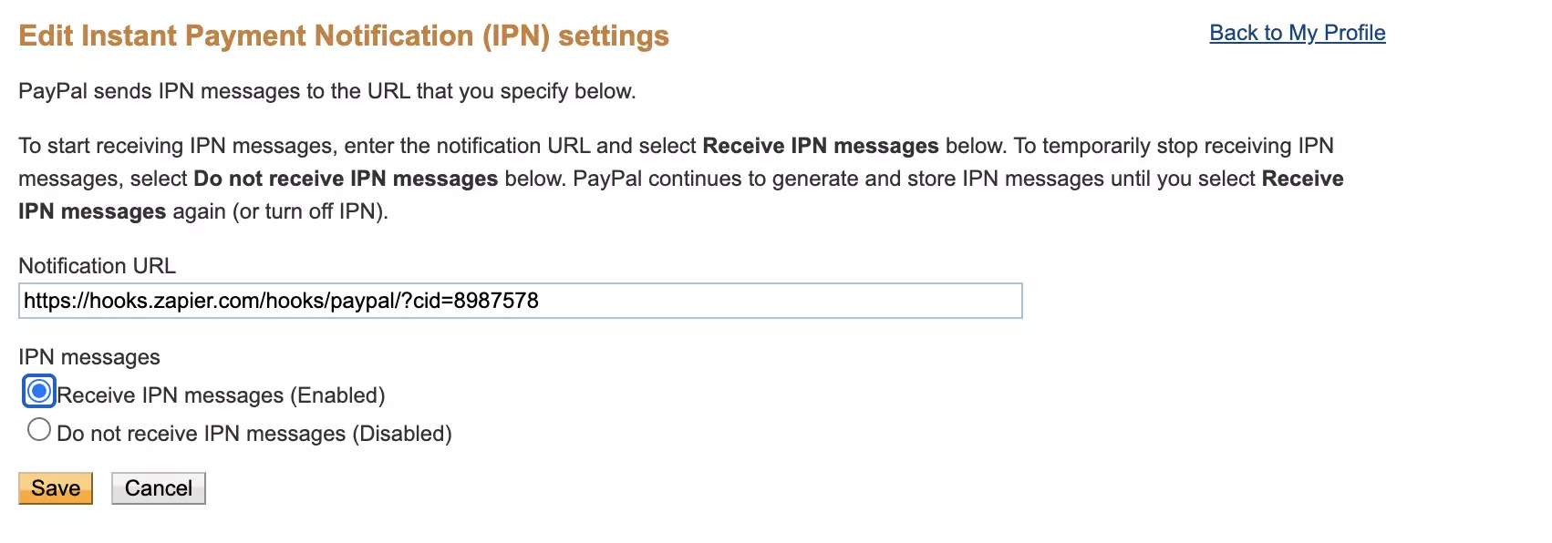 Instant Payment Notification settings section sa PayPal
