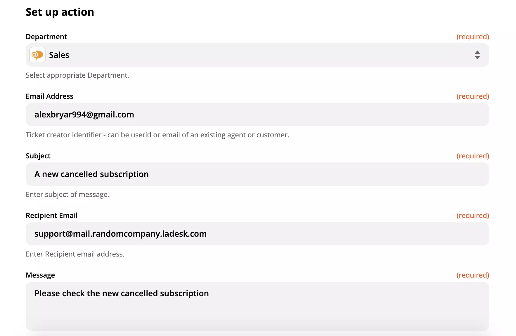 Isang halimbawa ng setup ng isang LiveAgent action
