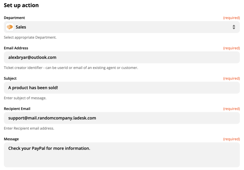 Isang setup ng LiveAgent action Create new conversation