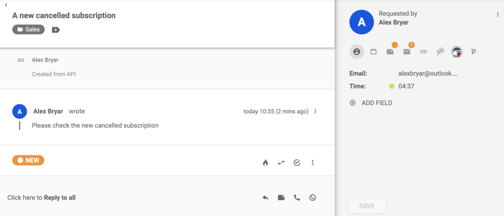 Isang ticket tungkol sa isang bagong canceled subscription