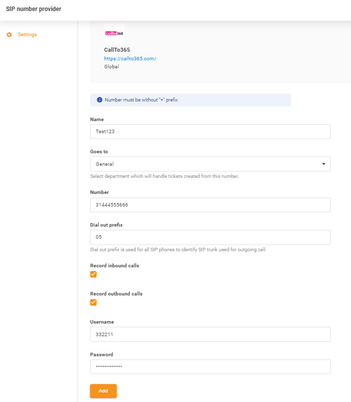 CallTo365 credentials entry