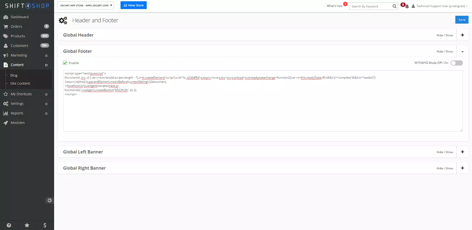 Shift4Shop settings na may code customization option