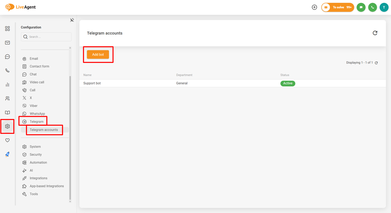 Screenshot ng LiveAgent Telegram integration configuration panel na nagpapakita ng Add bot button