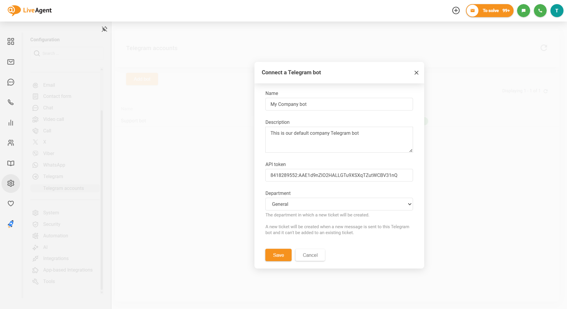 Screenshot ng LiveAgent Telegram integration kung paano ikonekta ang bot