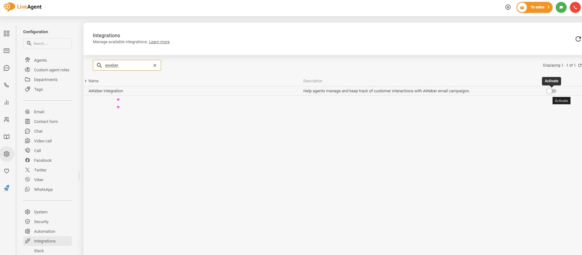 Activate AWeber integration in LiveAgent