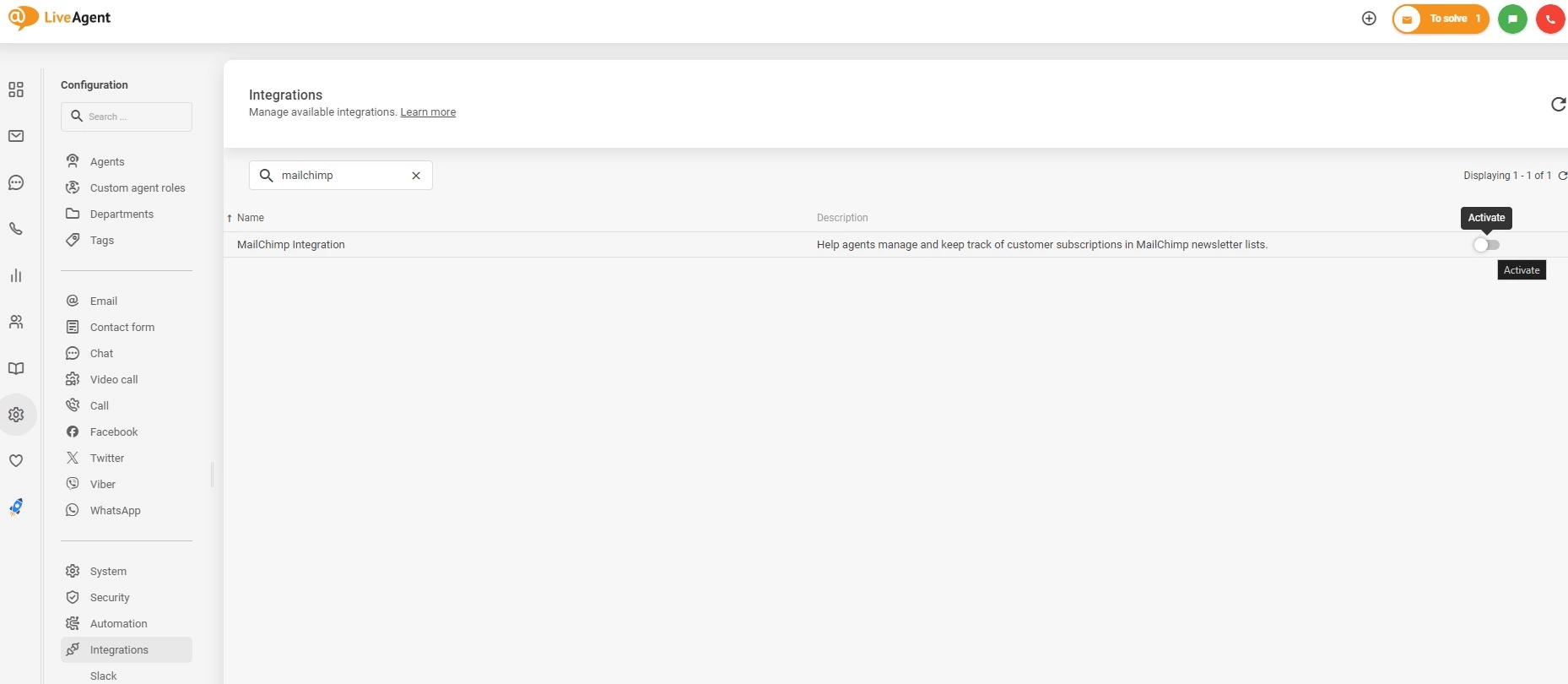 I-activate ang Mailchimp integration sa LiveAgent