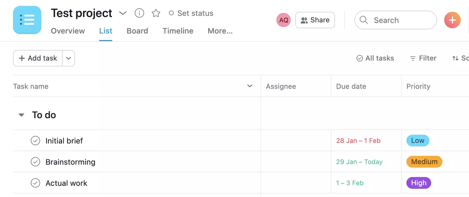Asana project example