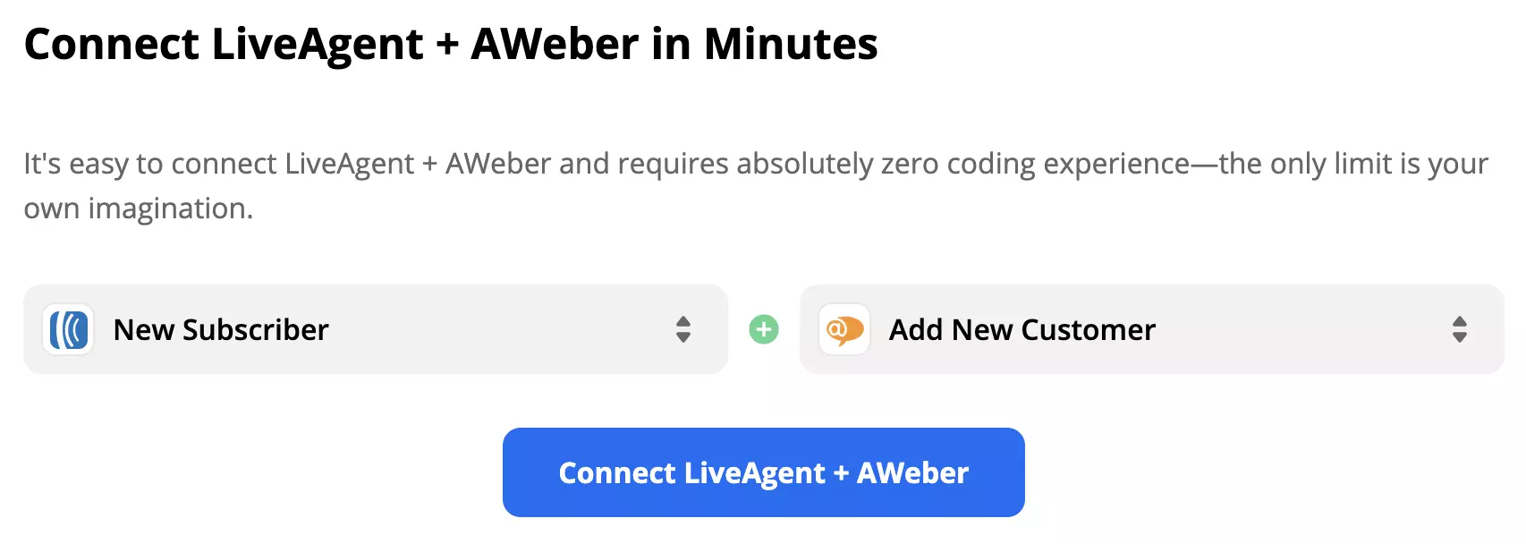 AWeber trigger New Subscriber and LiveAgent action Add New Customer are selected on Zapier