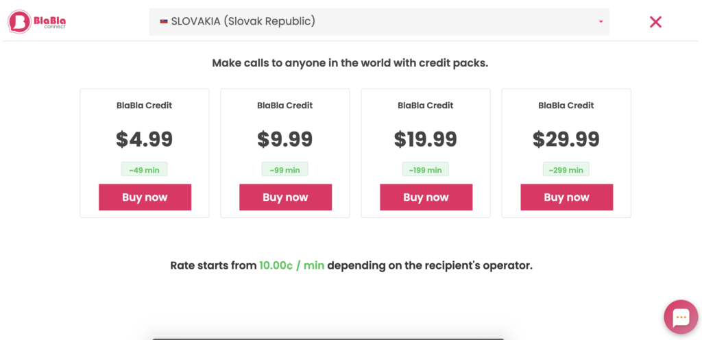 Ipinapakita ang mga pricing plan ng BlaBla Connect sa website