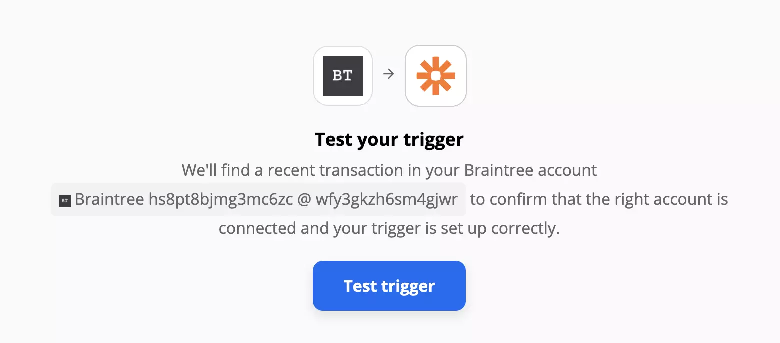 Braintree trigger test sa Zapier
