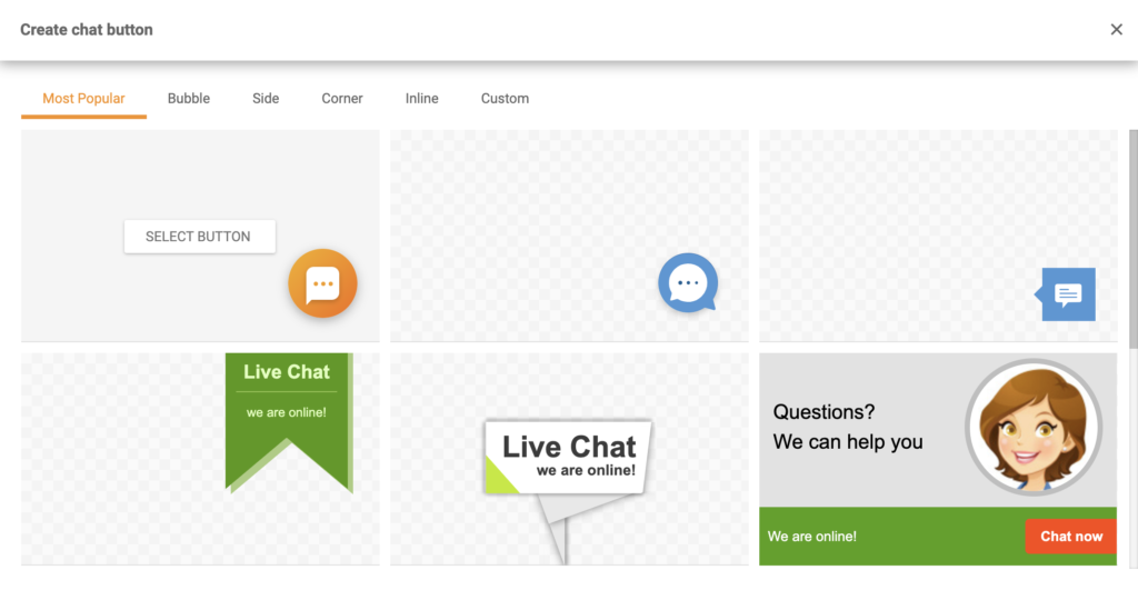 Pumili ng live chat button mula sa chat button gallery
