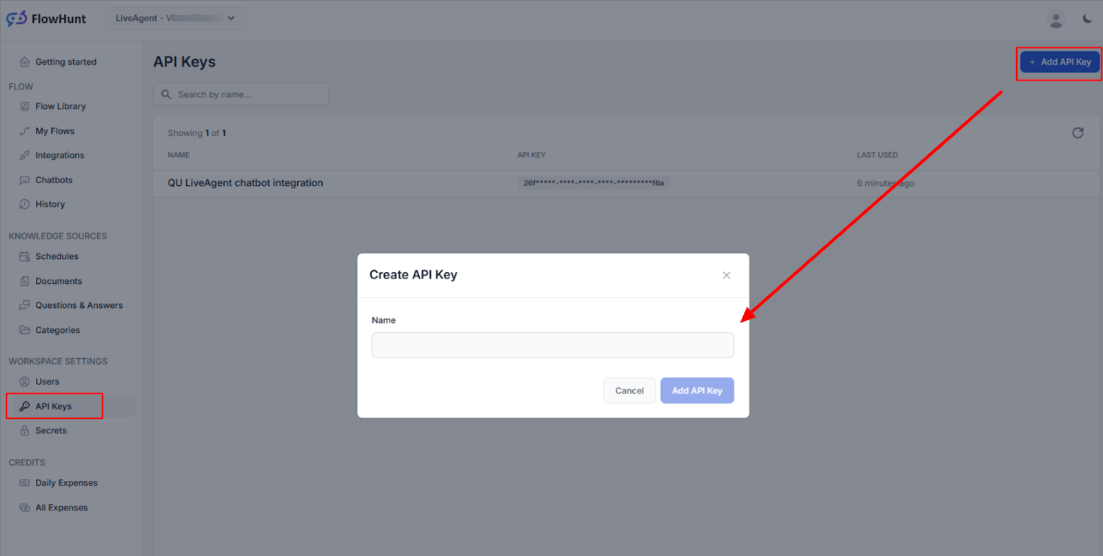 Paglikha ng API key para sa integration ng FlowHunt workspace sa LiveAgent