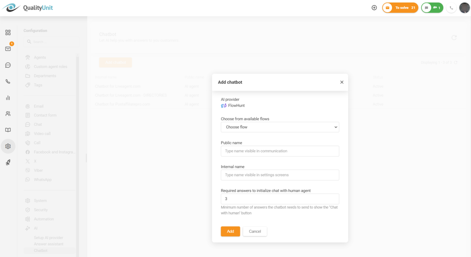 Pag-configure ng minimum required answers bago i-enable ang option na makipag-chat sa human