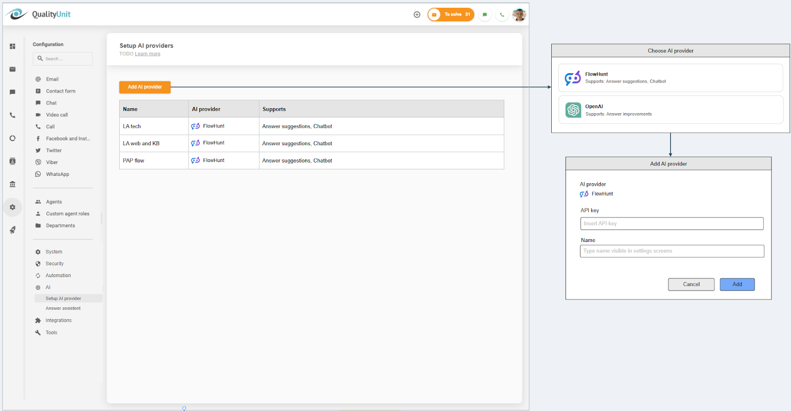Pagkonekta ng LiveAgent AI provider