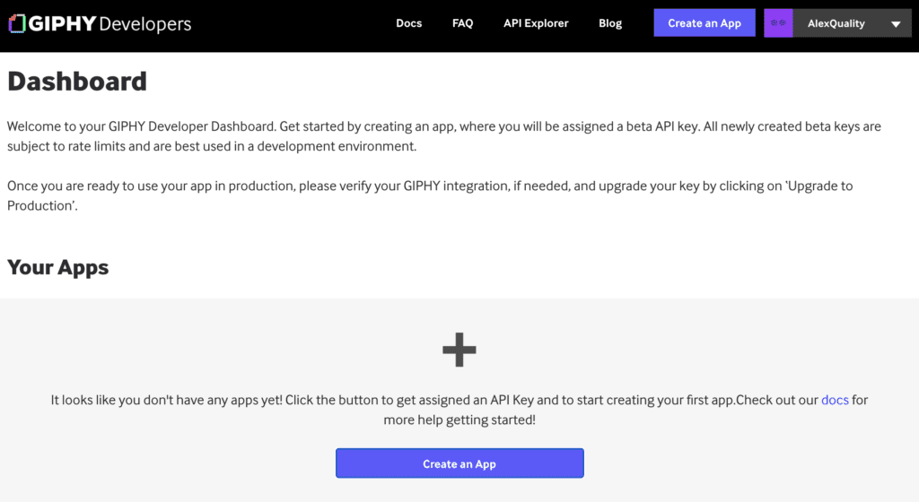 Giphy dashboard na may app creation option upang bumuo ng API key